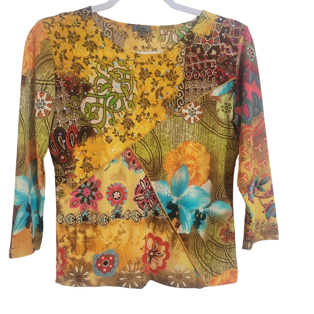 Caia Y2K Women Medium Yellow‎ Floral Paisley Rhinestone 3/4 Sleeve Top USA Made